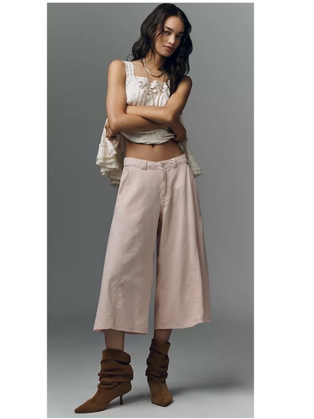 Anthropologie Pilcro Linen Blend High Rise Culotte Wide Leg Crop Jeans Pink 27P